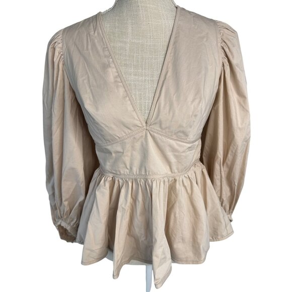 Staud Beige Peplum Blouse With Puff Sleeves & V-Neckline Size S - Picture 1 of 12